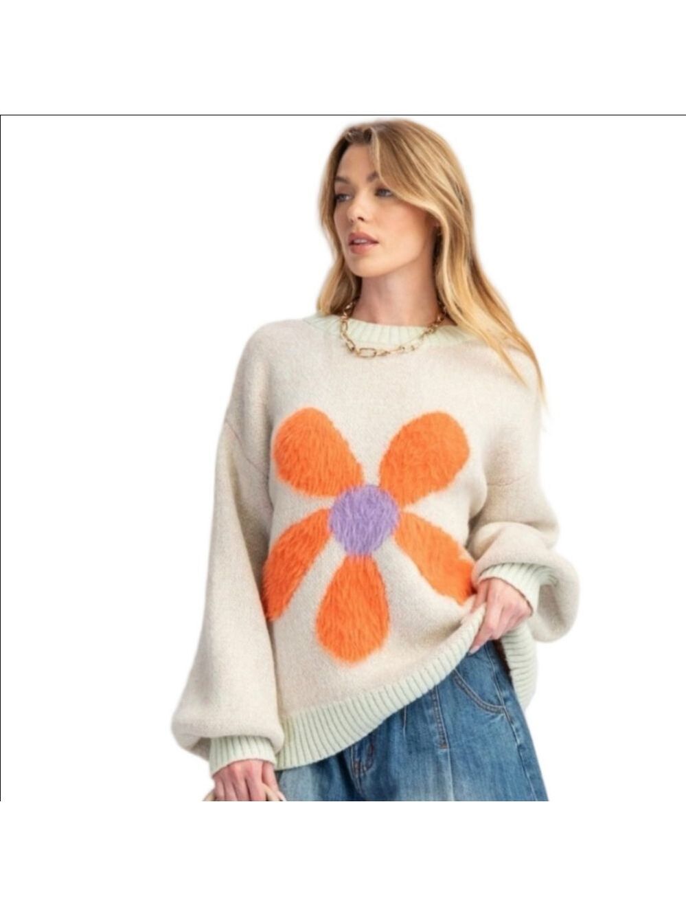 Easel--Floral Patterned Cream Sweater/NWT